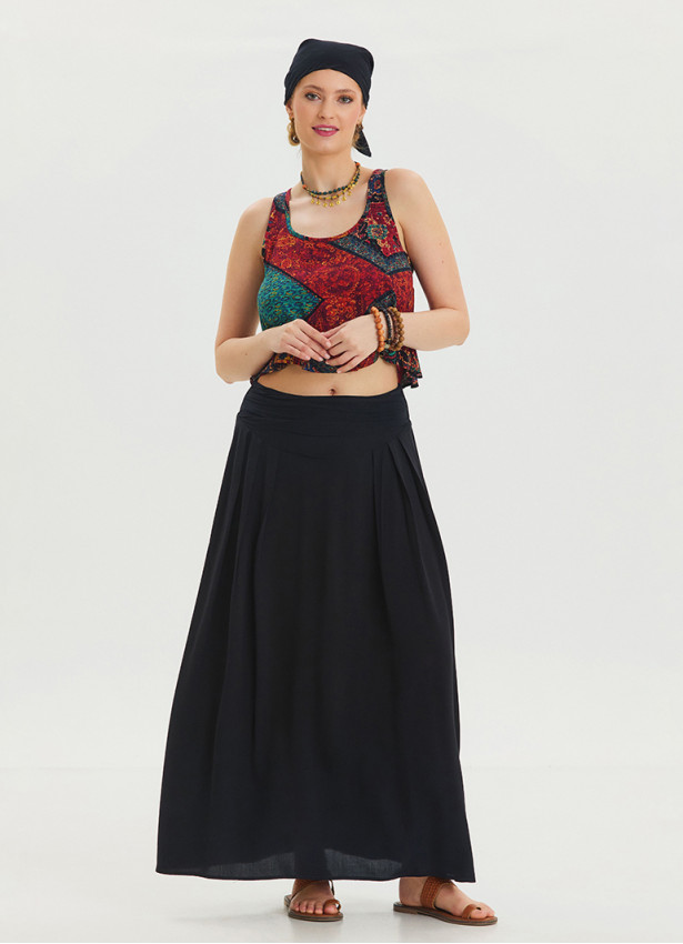 Black Long Skirt with Elastic Waist and Drape Detail 4493